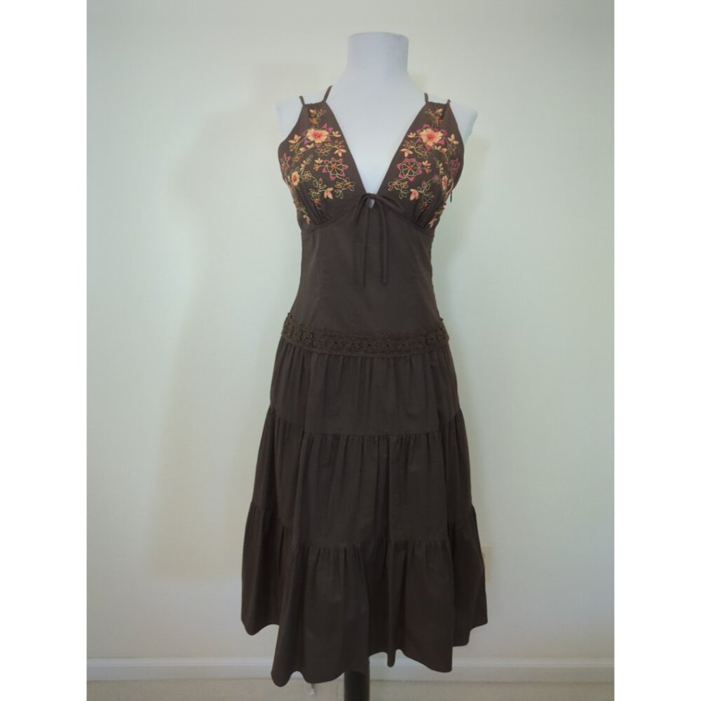 Laundry By Shelli Segal Brown Embroidered Tier Dress Size 2